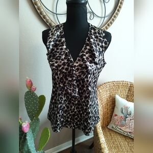 Ann Taylor Sleeveless Leopard Print Ruffle V-Neck Top - Black & Gray